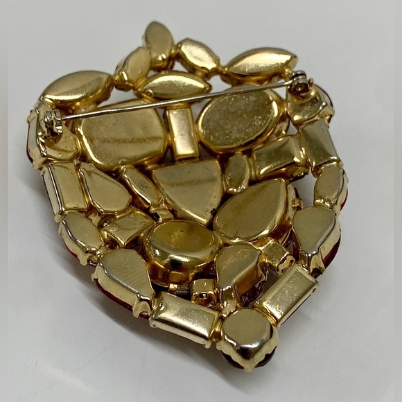 Mid Century Vintage Gold Tone Ruby Red Rhinestone Art Deco Pinback Brooch - Picture 7 of 16
